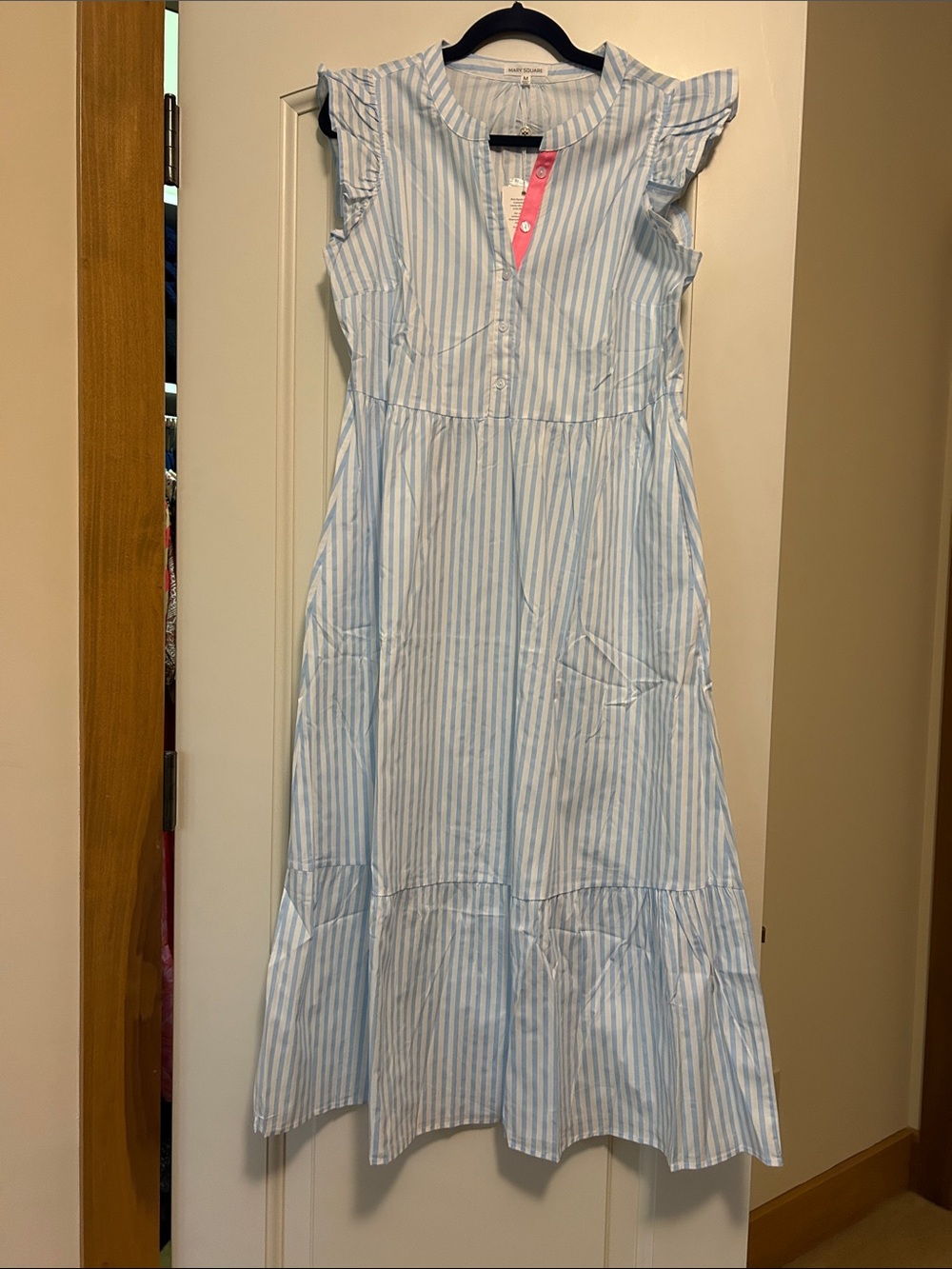 Mary Square Blue and White Stripe Midi Dress with Ruffle Sleeves. Summer weight